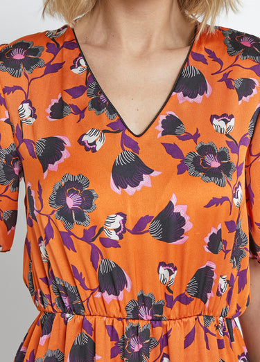 Robe satinée fleurie manches papillon Orange Imprime
