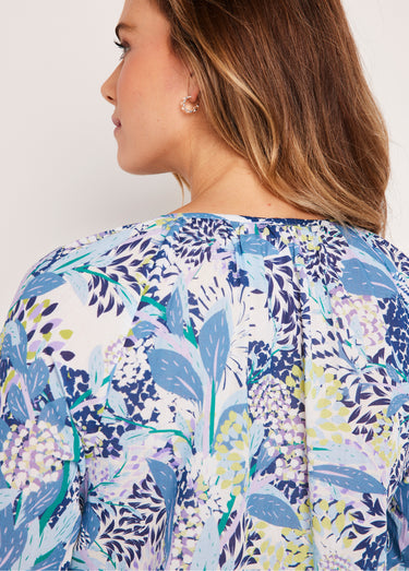 Tunique boutonnée longue fleurie Bleu / Blanc