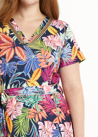 Robe col V courte évasée imprimé feuilles Marine/Rose