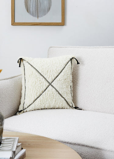 Coussin carré motif tressé et sherpa Blanc