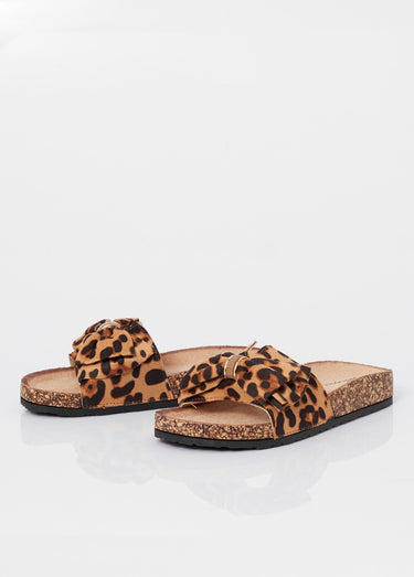 Mules plates effet liège avec nœud tissu Leopard