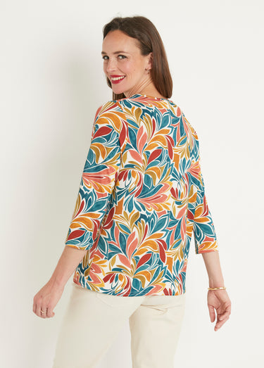 T-shirt court imprimé col V extensible Miel/Aqua