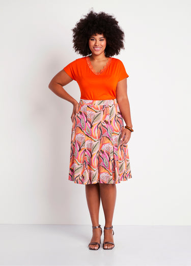 Jupe mi longue évasée maille Orange/Fuchsia