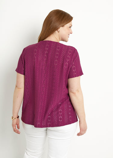 T-shirt ample col V uni effet broderie Cassis