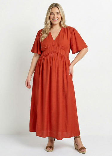Robe longue taille haute plissée, col V Terracota