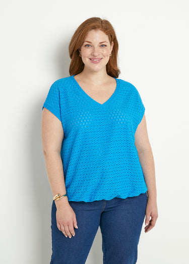 T-shirt ample blousant court uni col V Turquoise