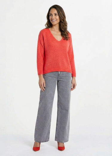 Pull chaud col V en maille avec mohair Corail