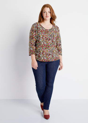 T-shirt court col rond manches 3/4 imprimé Fond Noir