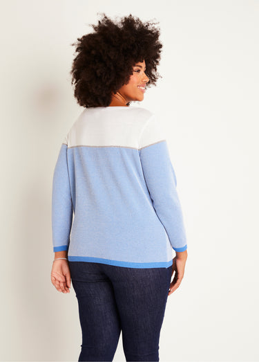 Pull fin col rond manches longues Blanc/Bleu