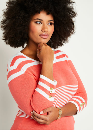 Pull rayé manches 3/4 coton Corail/Blanc