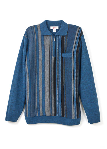 Pull col polo zippé jacquard rayé laine Bleu