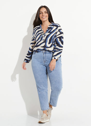 Blouse col V boutonné motif abstrait Bleu / Écru