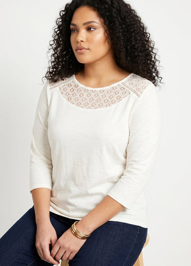 T-shirt coton et dentelle manches 3/4 Blanc