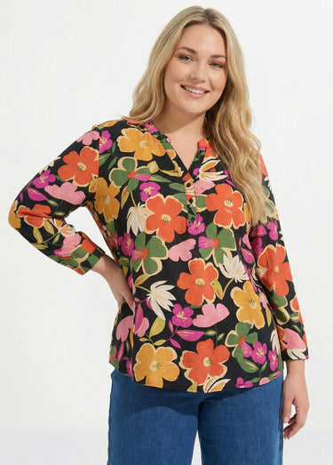 Blouse encolure V motif fleuri vif Multicolore/fond noir