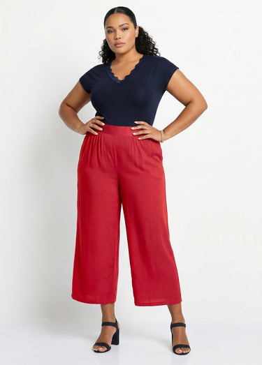 Pantalon large taille élastiquée fleuri ou uni Tomette