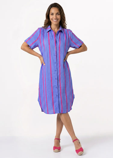 Robe chemise courte à rayures vives Bleu/Rose