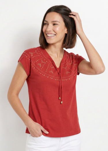 T-shirt court uni clouté maille flammée Paprika