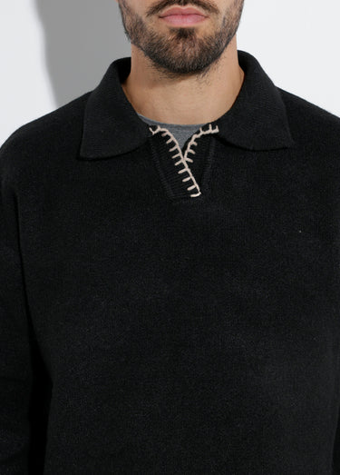 Pull avec col polo finition fantaisie Noir