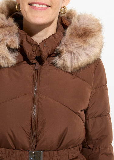 Doudoune courte ceinturée capuche fourrure Marron