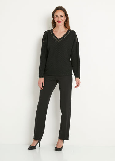 T-shirt long uni col V maille chaude Noir