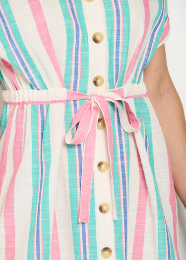 Robe courte boutonnée col V coton rayé Rose / Blanc