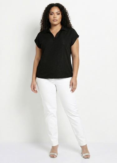 T-shirt col chemise uni manches courtes Noir