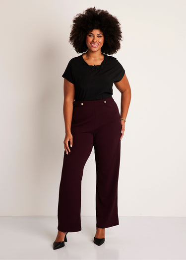 Pantalon large uni taille semi élastiquée Prune