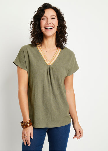 T-shirt long ample uni brodé Vert Tilleul
