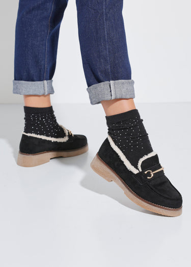 Mocassins fourrés semelle aspect crêpe Noir