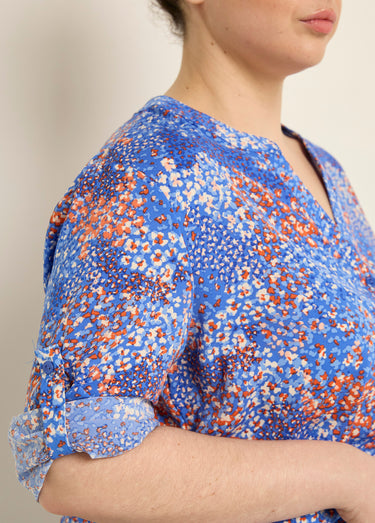 Tunique col V fleurie manches longues Bleu Imprime