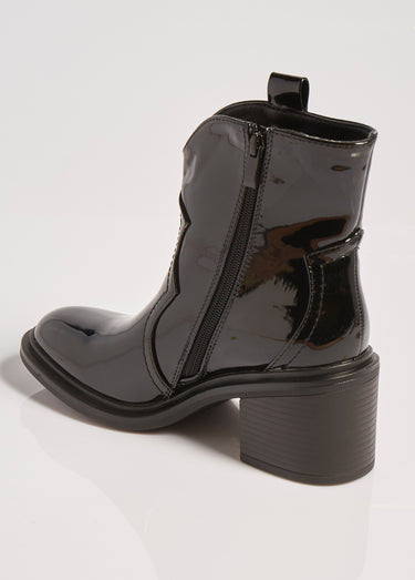 Boots vernies à talon, détails western Noir