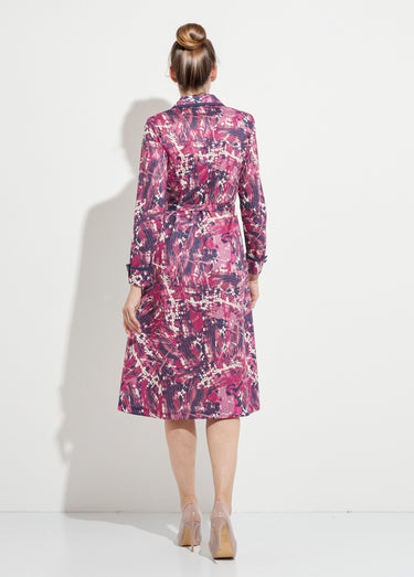 Robe boutonnée col tailleur mi longue imprimée Rose/Marine