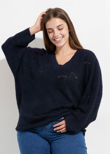 Pull oversize, maille écailles avec laine Marine