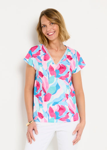 T-shirt court col V brillant imprimé Bleu/Rose