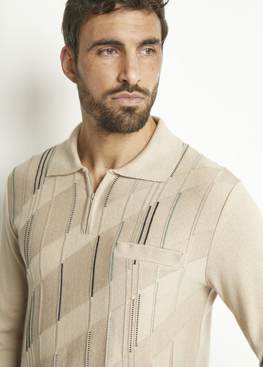 Pull col polo zippé manches longues coton jacquard Beige