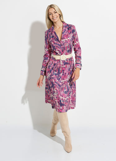 Robe boutonnée col tailleur mi longue imprimée Rose/Marine
