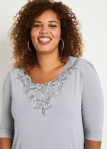 T-shirt long ample résille brodée Argent