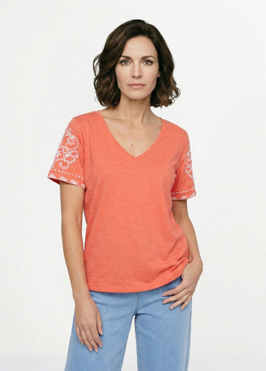 T-shirt col V brodé manches courtes Orange/Blanc
