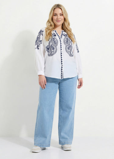 Blouse avec broderies et petit col V Blanc/Marine