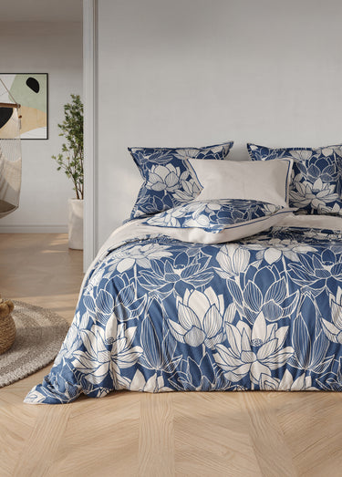 Parure housse de couette coton, lotus Bleu