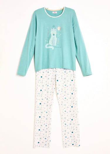 Pyjama pantalon manches longues coton Aqua/Ivoire