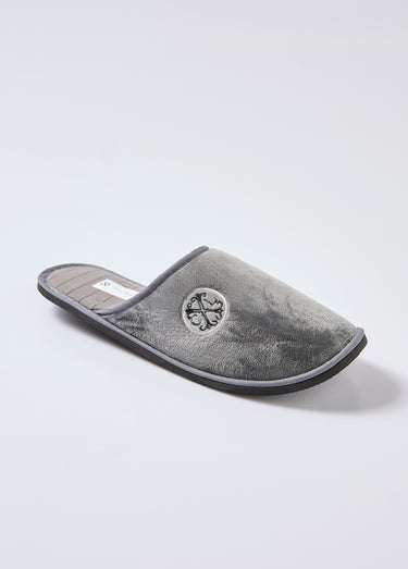 Chaussons mules velours, logo brodé Gris