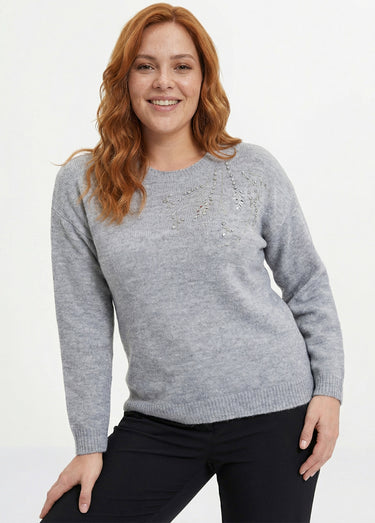 Pull doux col rond avec strass et sequins Gris