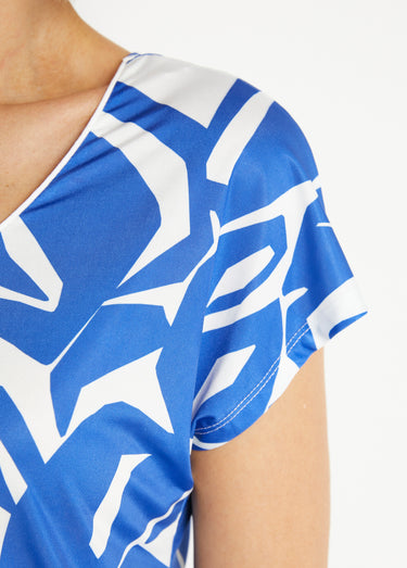 T-shirt droit court col V imprimé graphique Bleu / Blanc