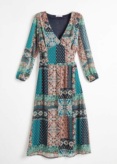 Robe longue voile crépon imprimé patchwork Vert / Écru