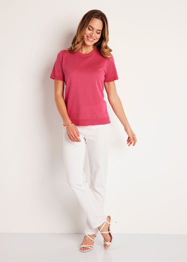 Pull fin manches courtes ajouré Rose