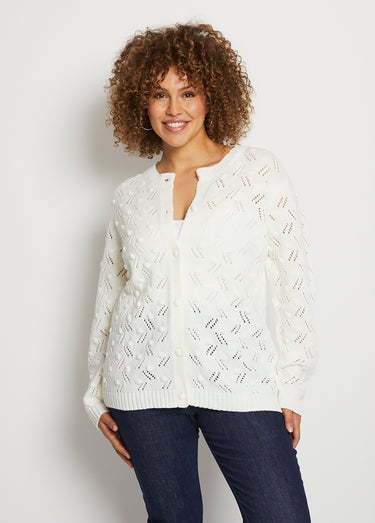 Gilet cardigan boutonné court maille boules Ecru