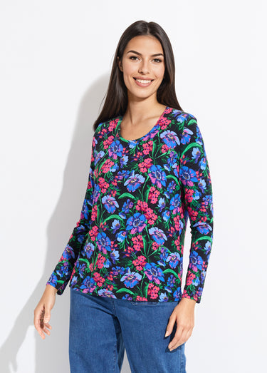 T-shirt droit col rond manches longues fleuri Fuchsia/Bleu