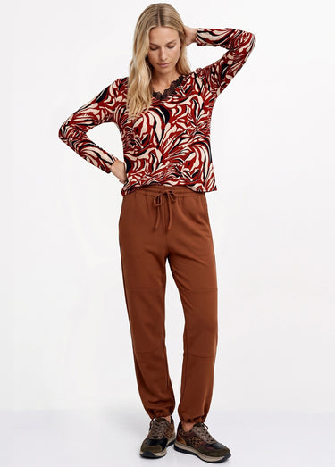 Pantalon large ceinture élastiquée maille crêpe unie Marron