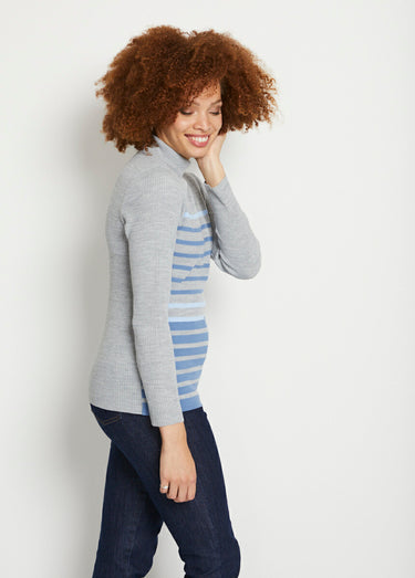 Pull court col montant maille côtelée Raye Bleu